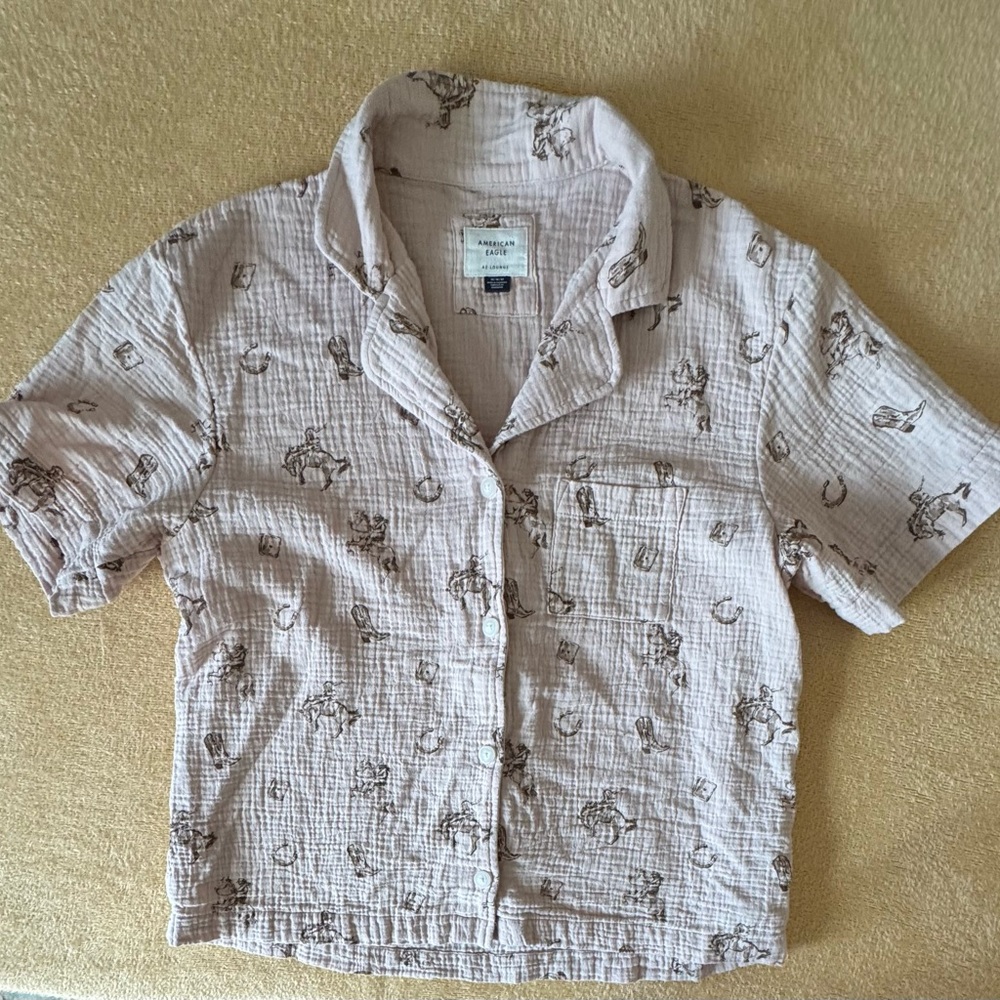 American Eagle Outfitters Beige Patterned Button-Down Lounge Shirt